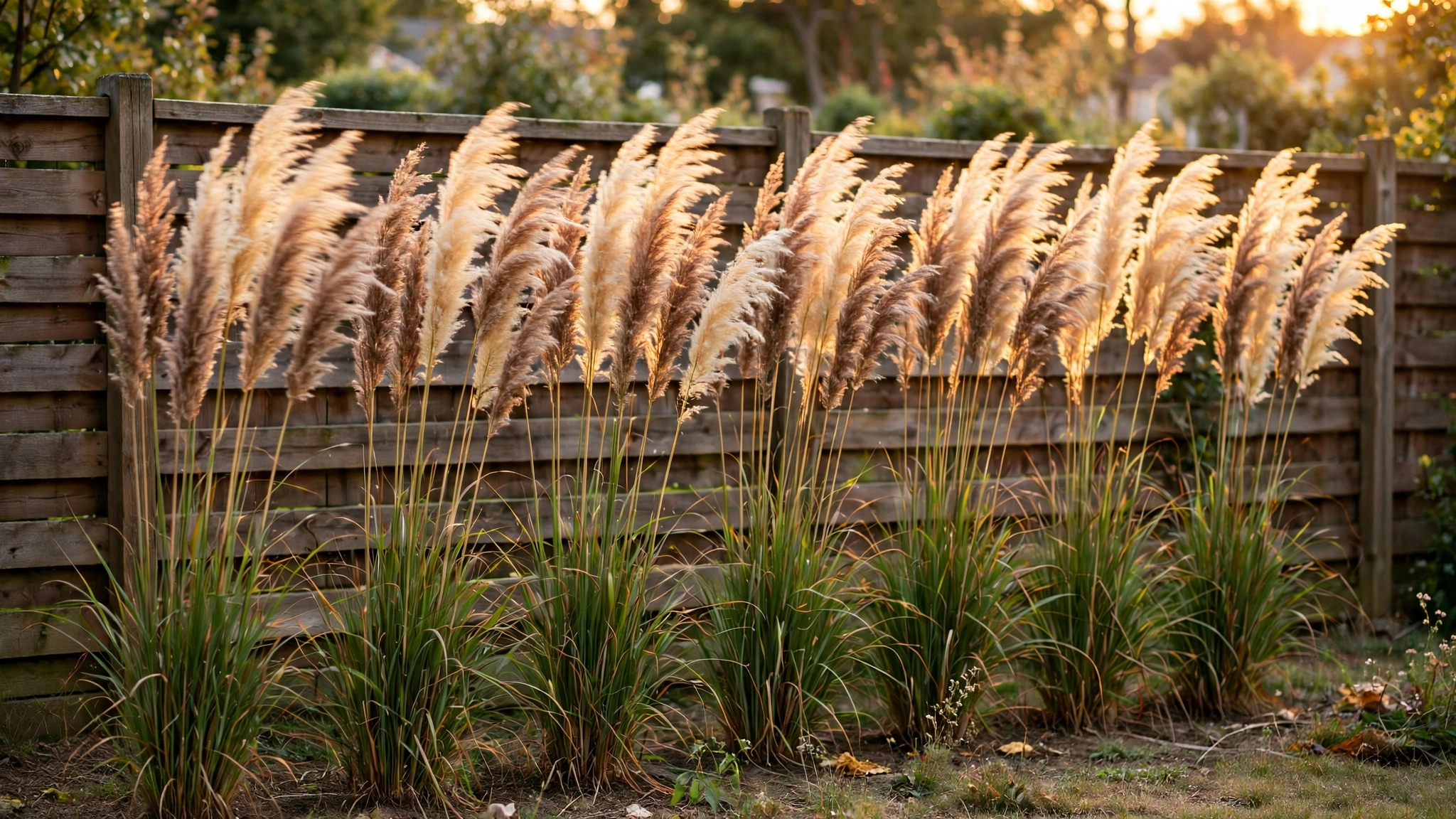 Tall ornamental grass plumes swaying in front of a backyard fence at golden hour.