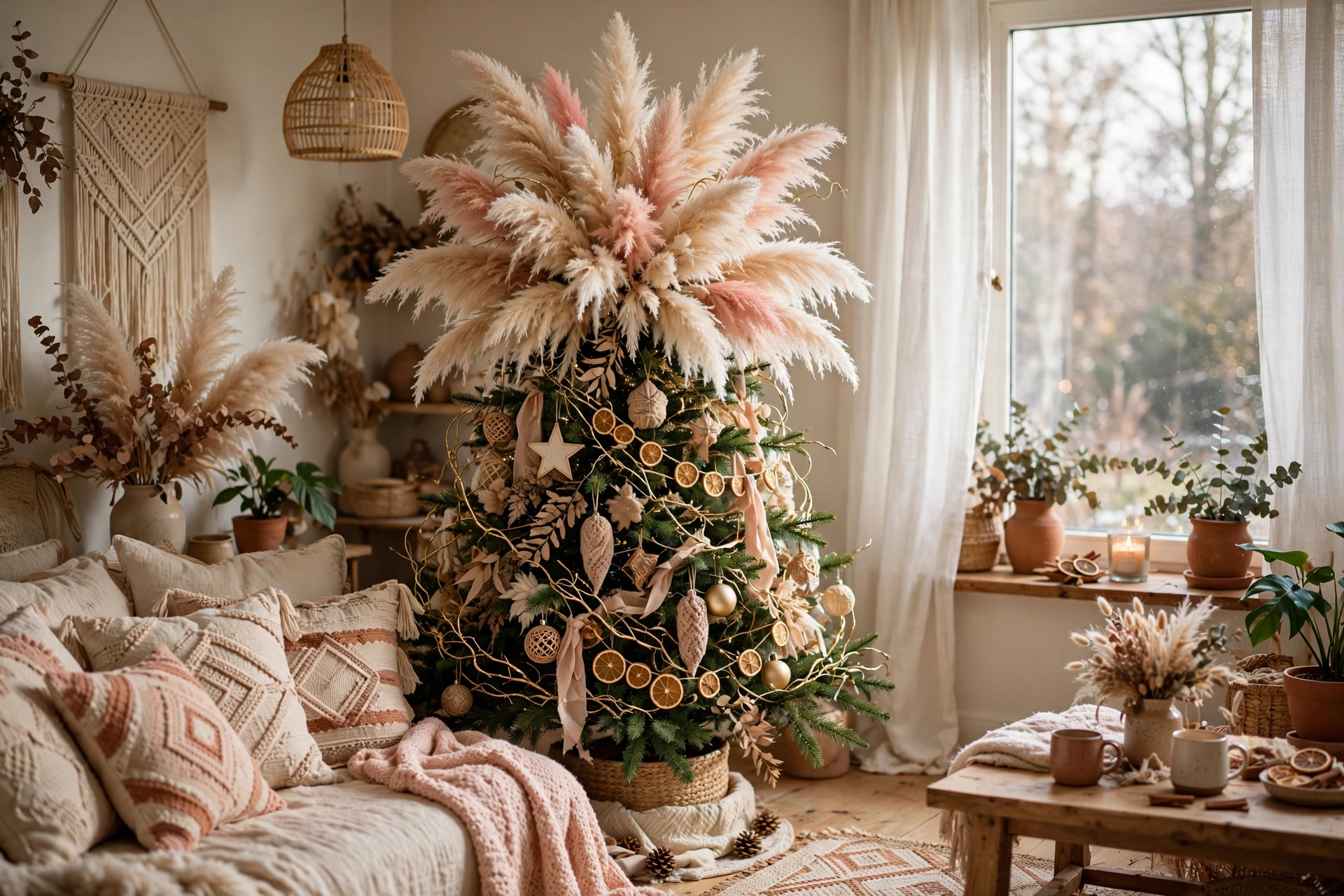 A Christmas tree topped with fluffy pampas grass plumes in cream and blush tones