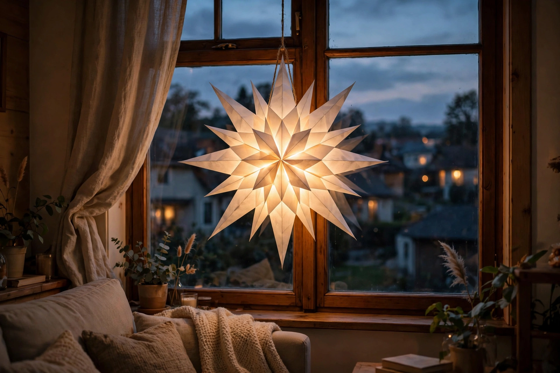 White paper star lantern glowing warmly in a living room window at dusk.