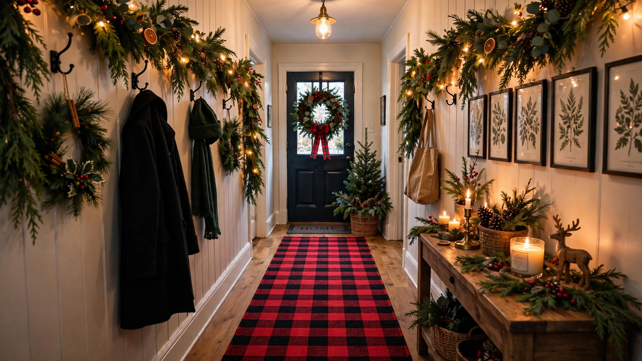 Plaid runner rug in a Christmas-decorated hallway entryway