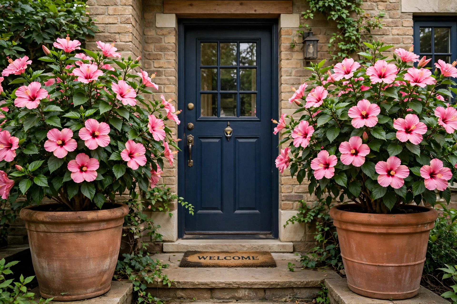 Two large terracotta pots with blooming pink hibiscus flanking a front door.