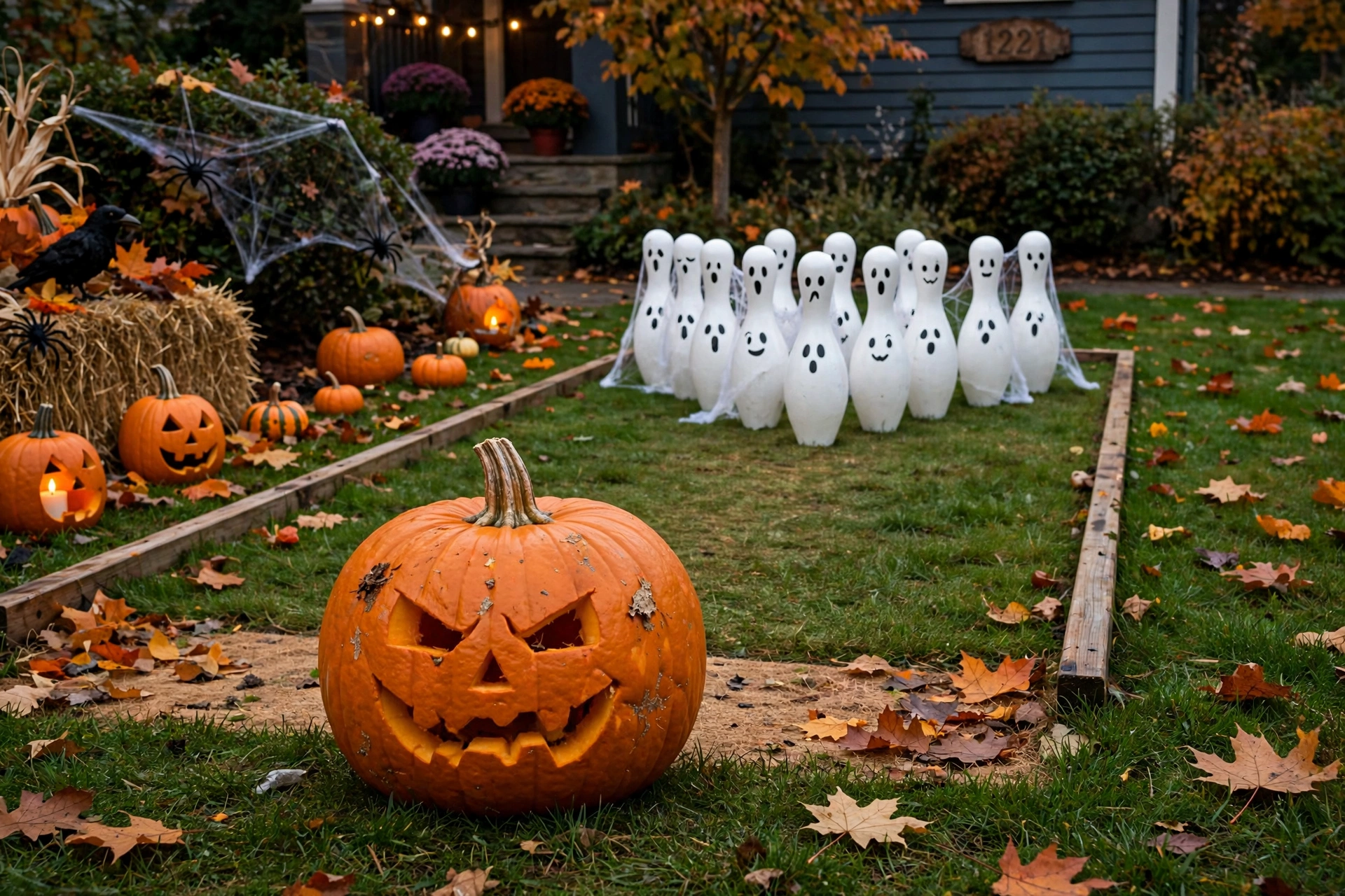 Lawn bowling setup with white ghost pins and a pumpkin bowling ball on a front yard.