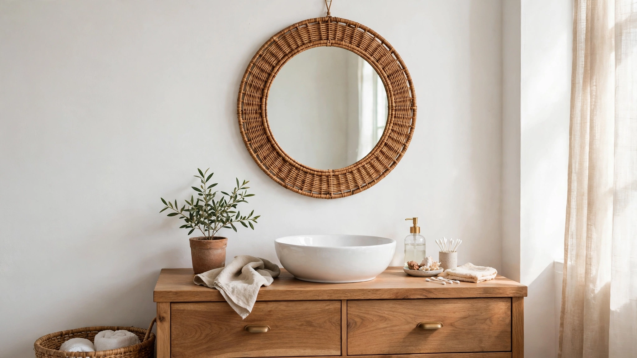 Round mirror with woven rattan frame hanging on a white bathroom wall above a wooden vanity