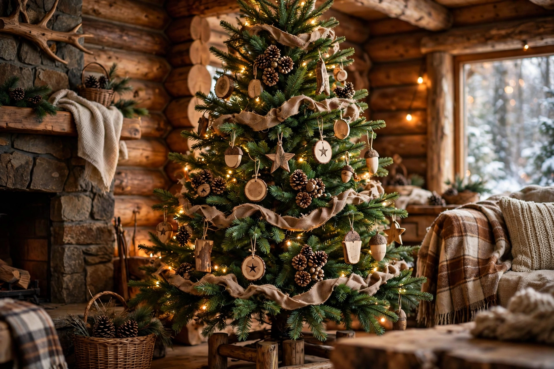 rustic woodland Christmas tree with burlap ribbon, pinecones, and wooden ornaments