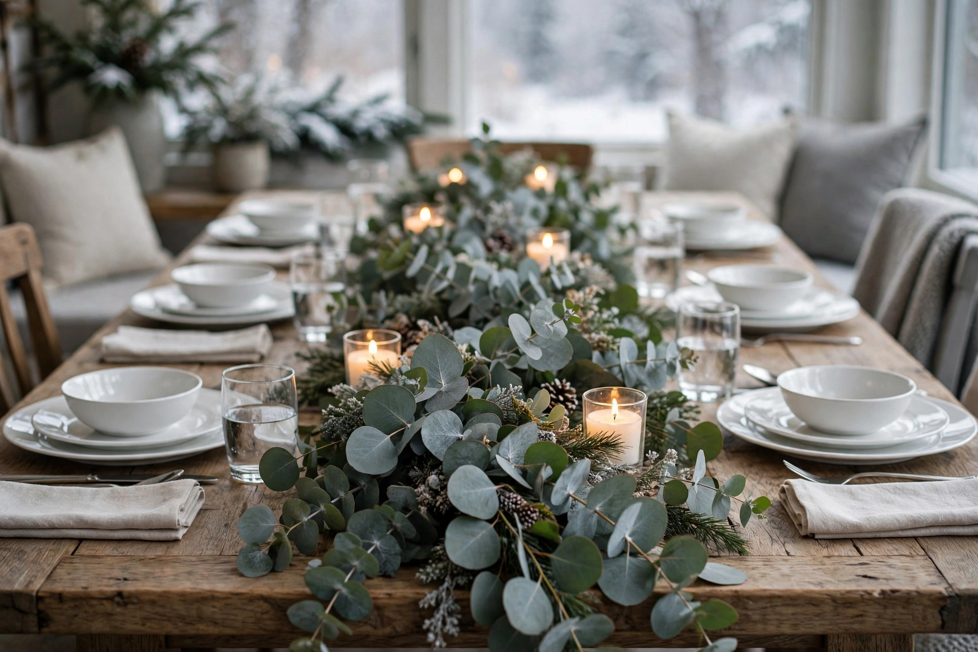 Silver eucalyptus garland runner with votive candles on a winter table