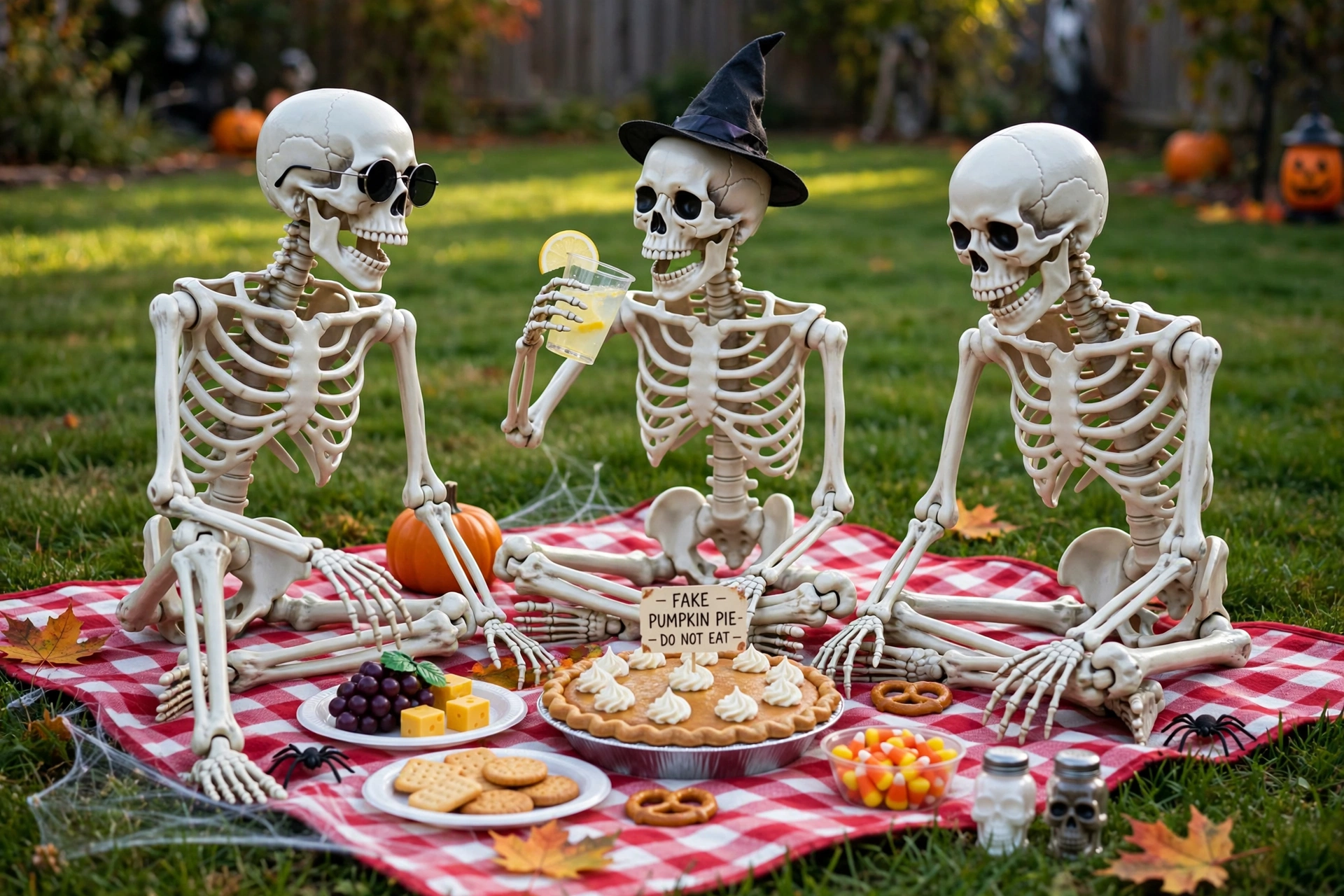 Plastic skeletons having a picnic on a checkered blanket on a lawn.