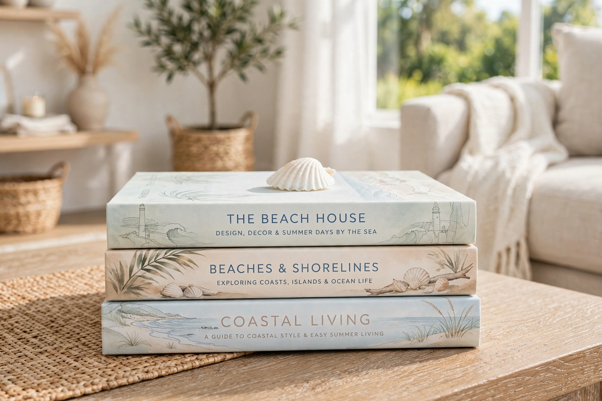 Stack of three coffee table books with light beach-themed covers on a coffee table, topped with a small white shell in a bright living room.