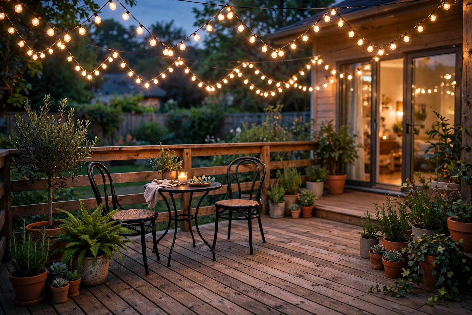 A wooden deck at dusk covered by a zigzag canopy of warm string lights, with bistro chairs and potted plants
