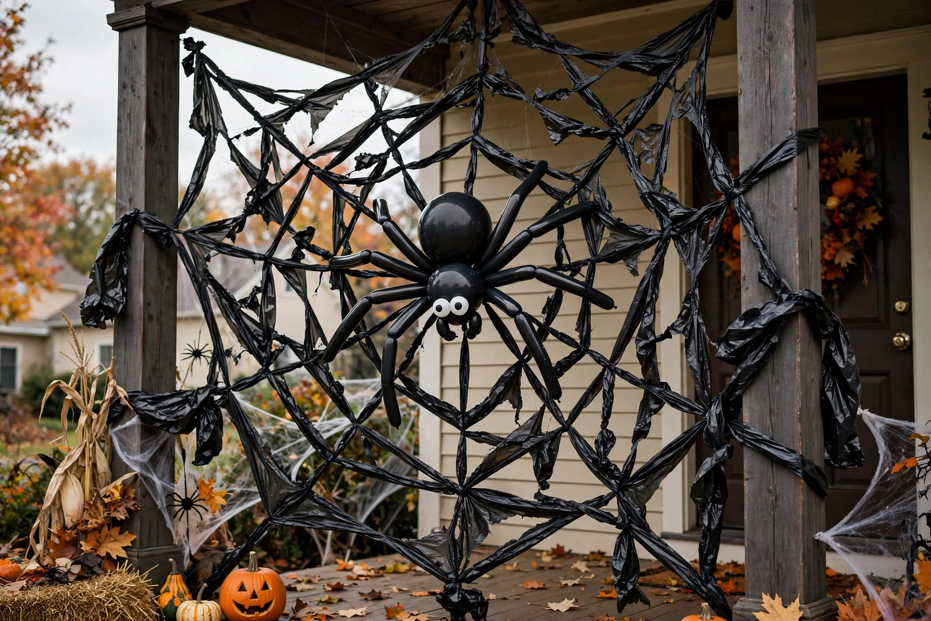 Giant black trash-bag spider web stretched between porch posts with a balloon spider in the center.