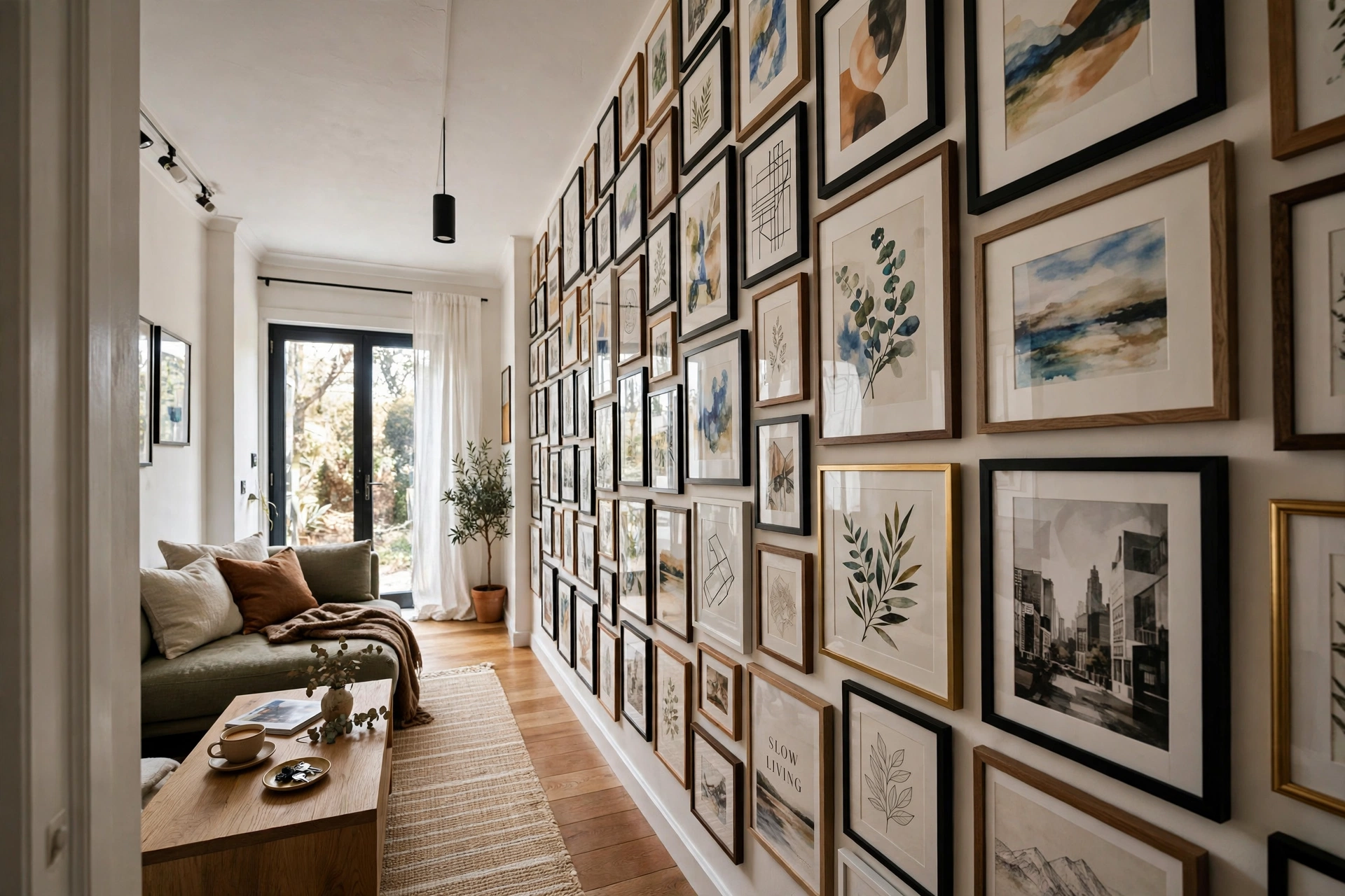 Vertical gallery wall — narrow living room idea