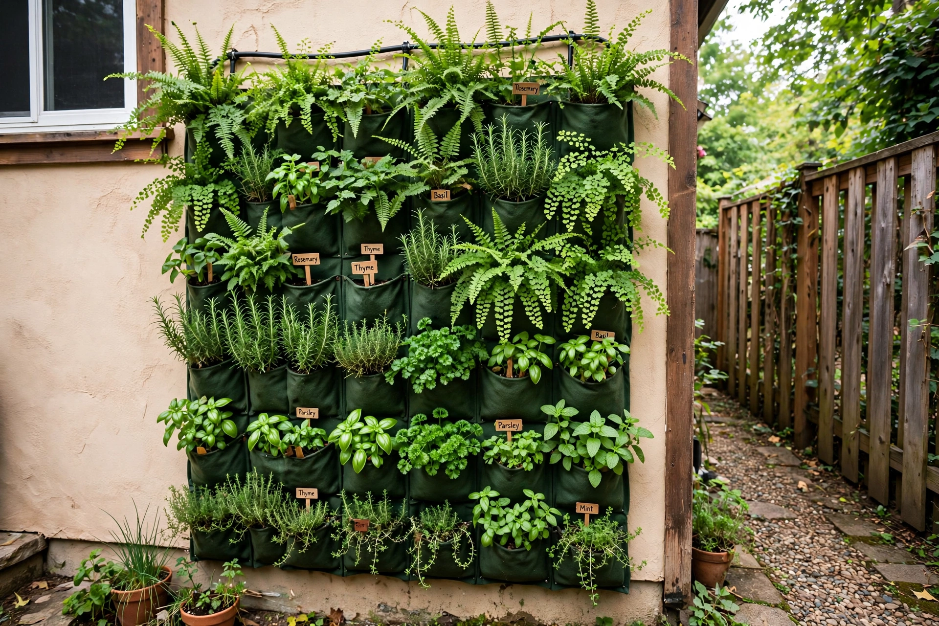 Vertical garden wall with pocket planters full of green ferns and herbs mounted on a house exterior wall in a side yard.