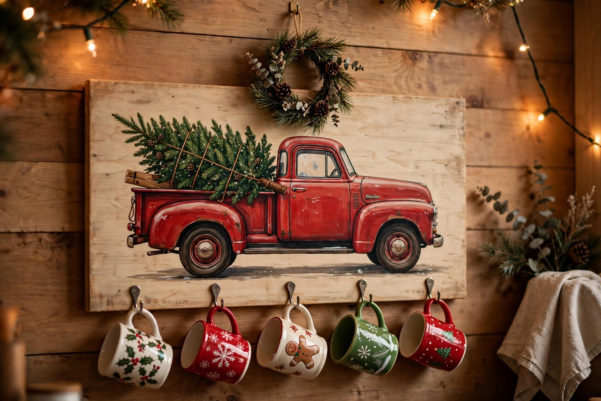 Vintage red truck wall board with hanging Christmas mugs