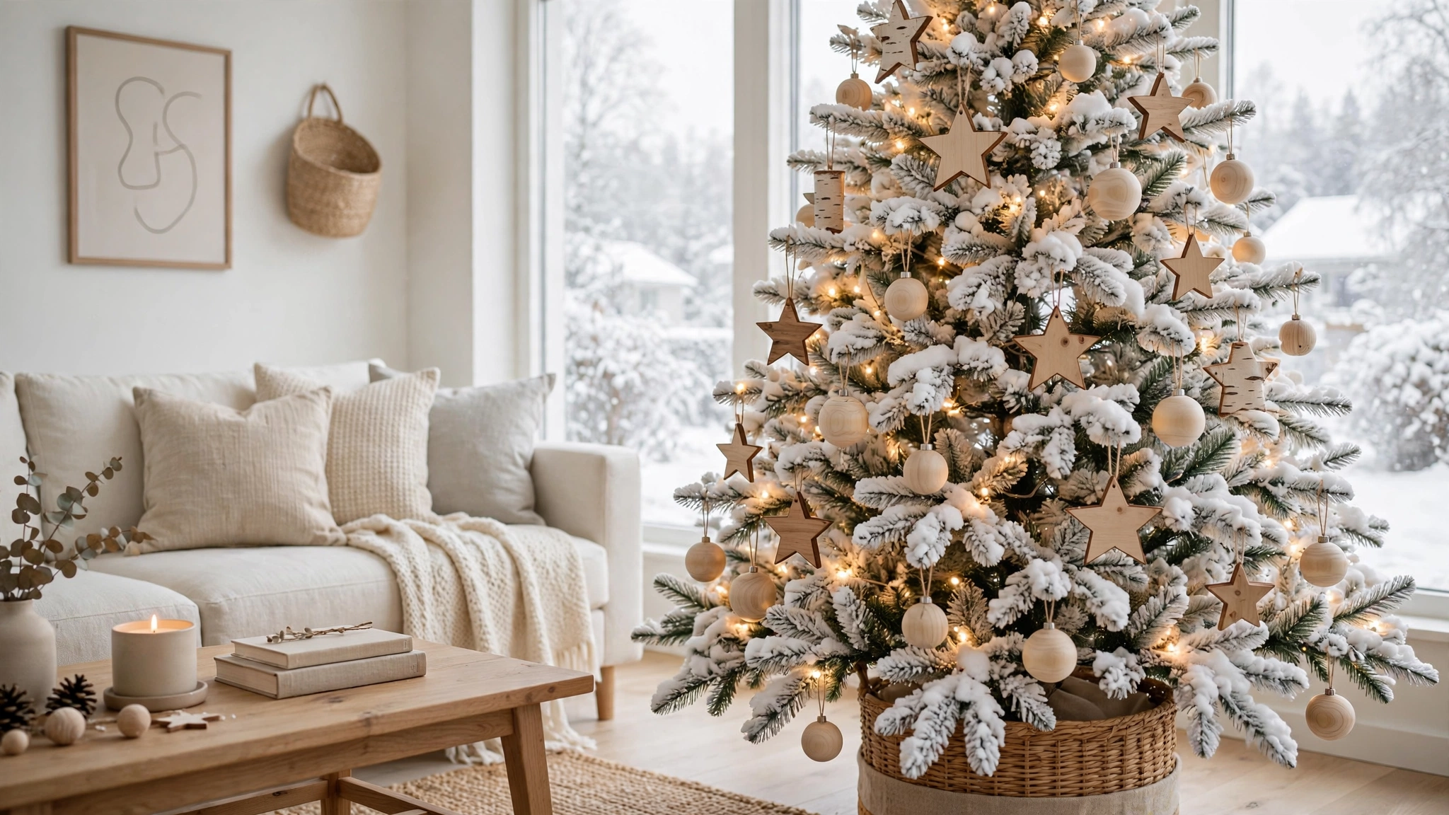 A white flocked Christmas tree decorated with natural wood star and ball ornaments in a bright living room.
