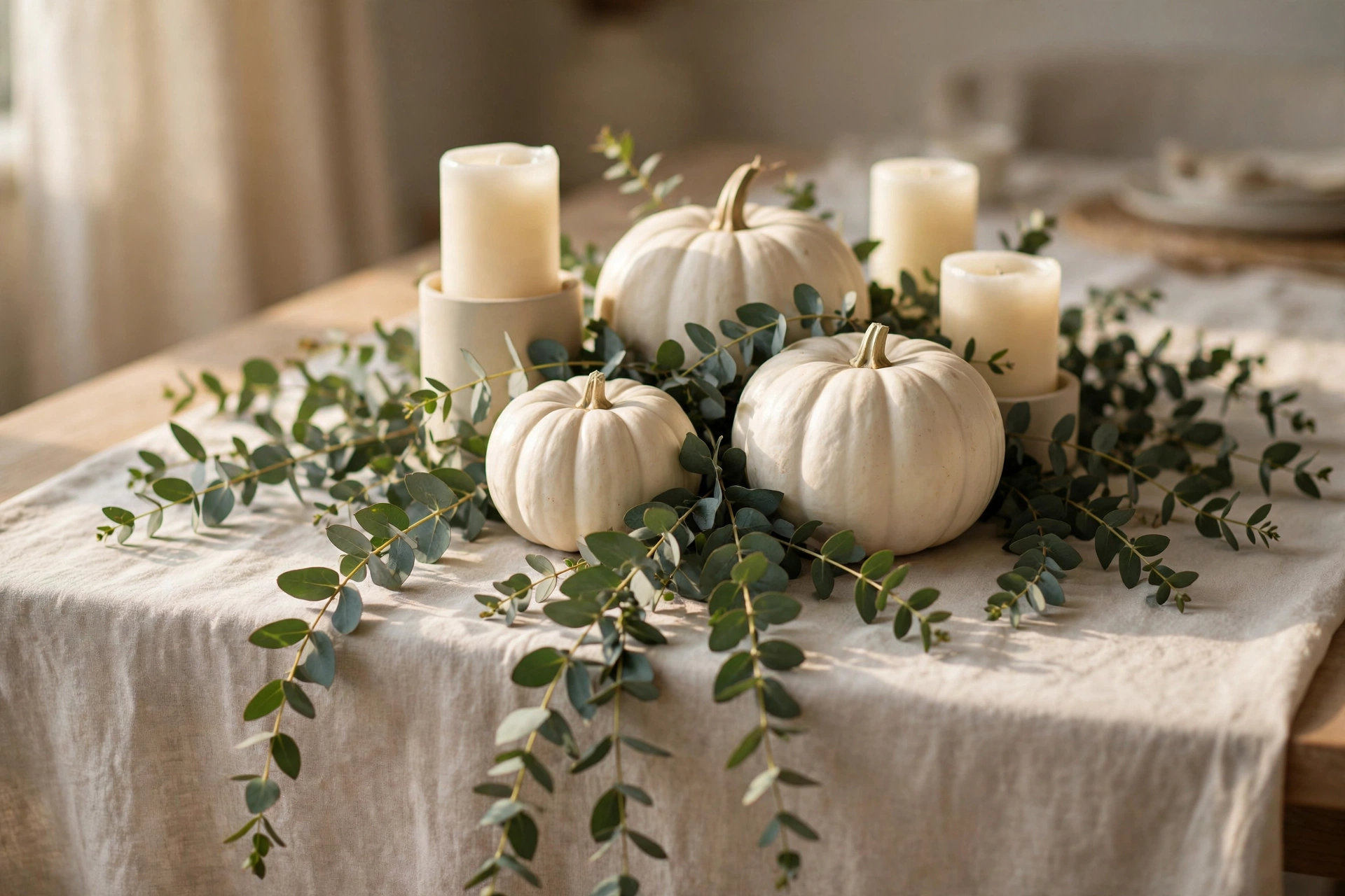 White pumpkins with eucalyptus — Thanksgiving centerpiece idea