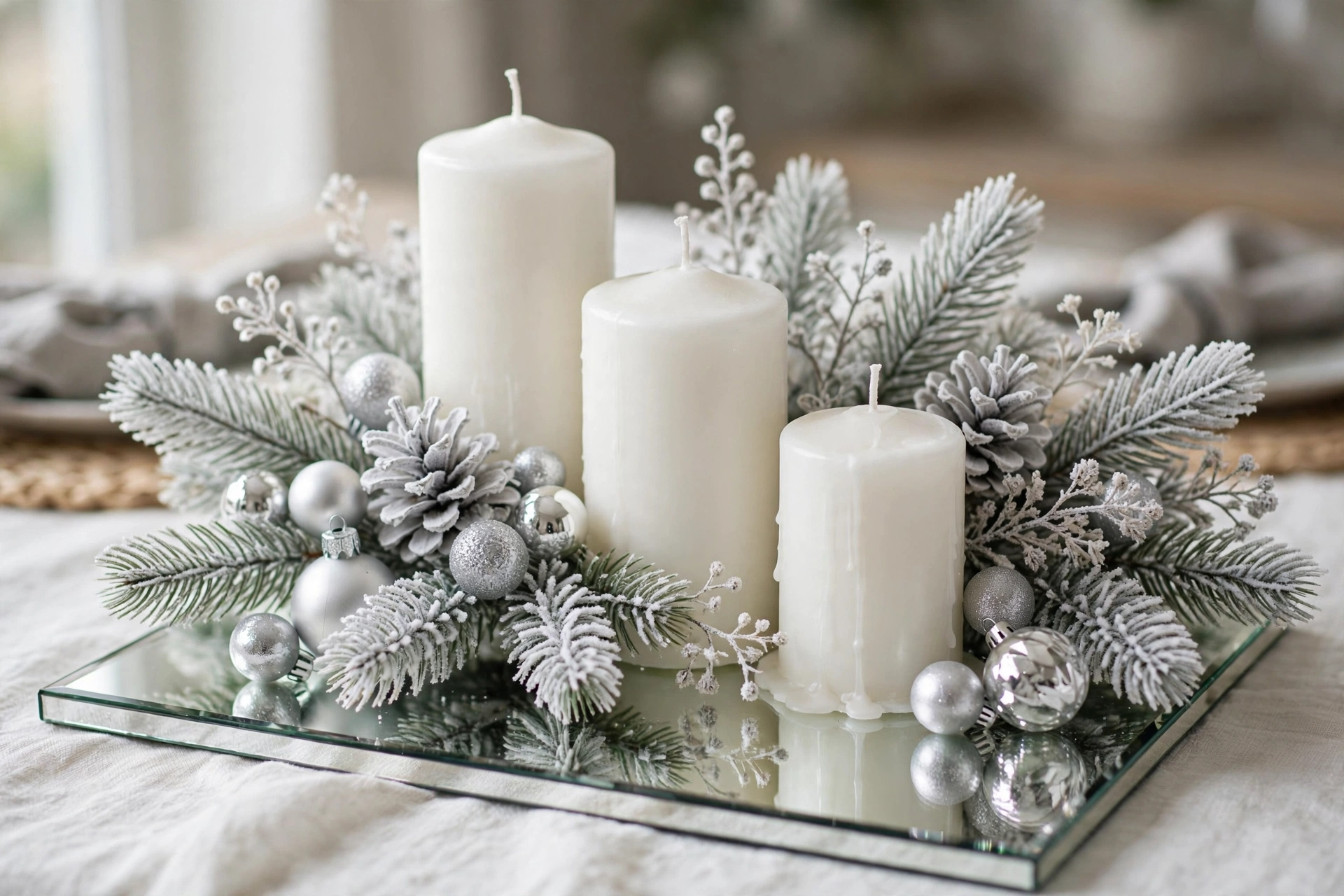 All-white Christmas centerpiece with pillar candles, frosted pine, and silver ornaments on a mirrored tray.