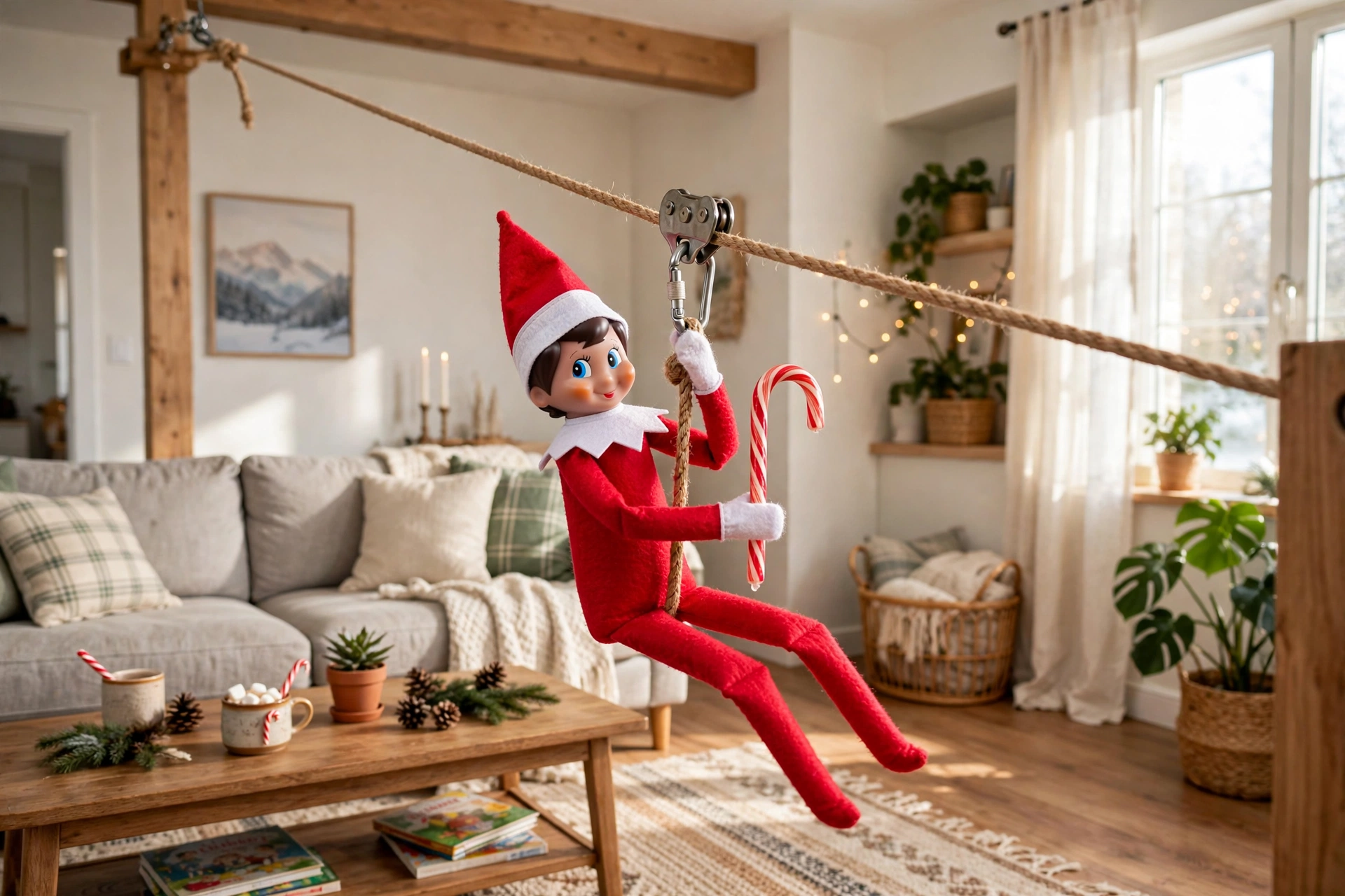 Elf zipline across the living room — elf on the shelf arrival idea