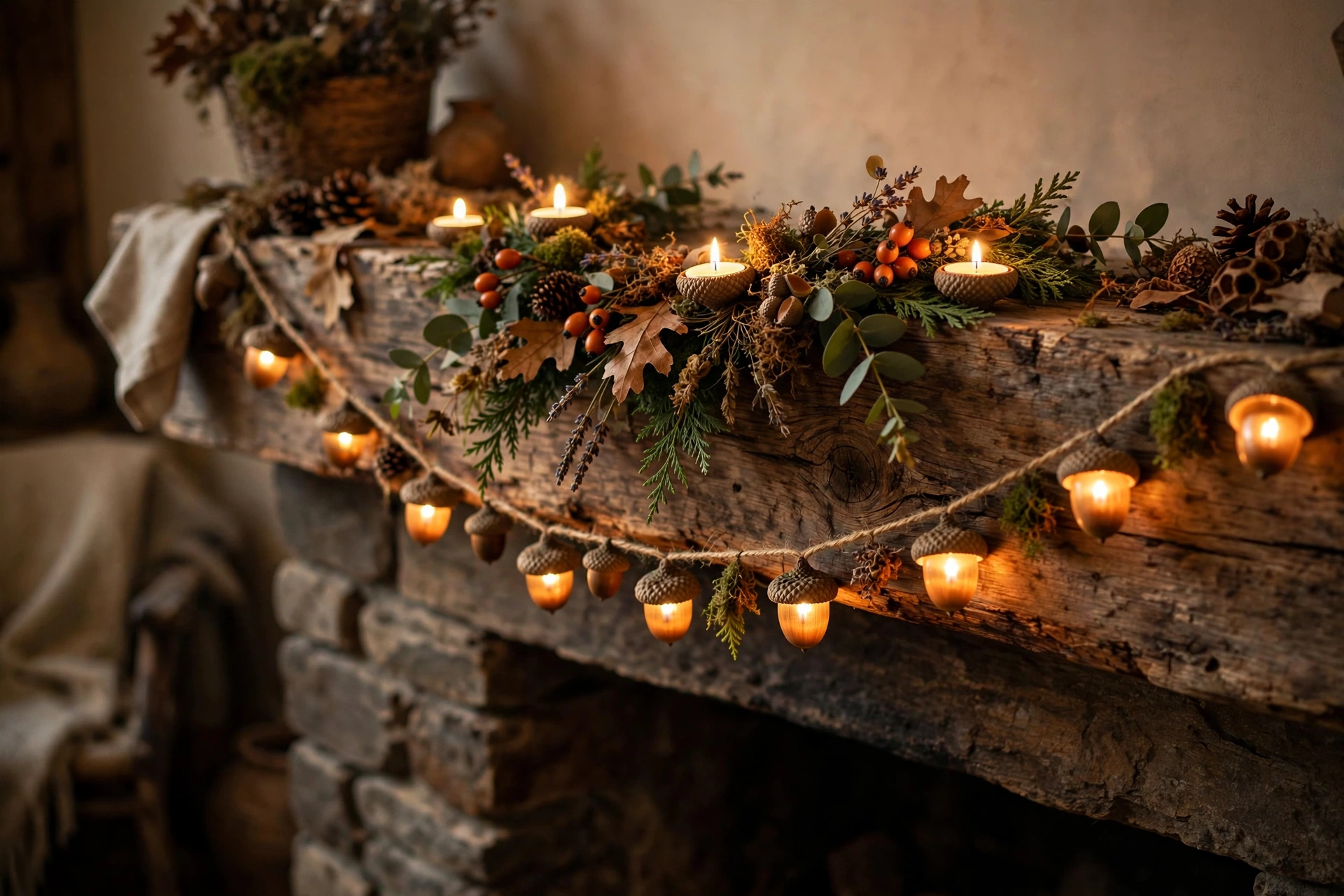 Glowing acorn cap tea light garland strung along a rustic wooden mantel.
