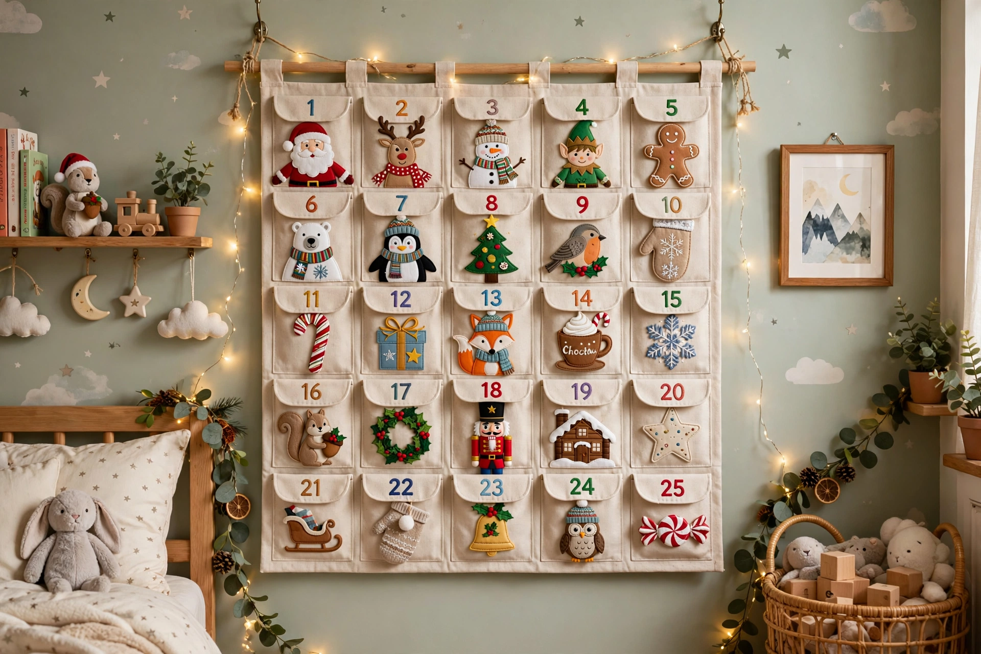 Advent calendar wall — Christmas bedroom idea for kids