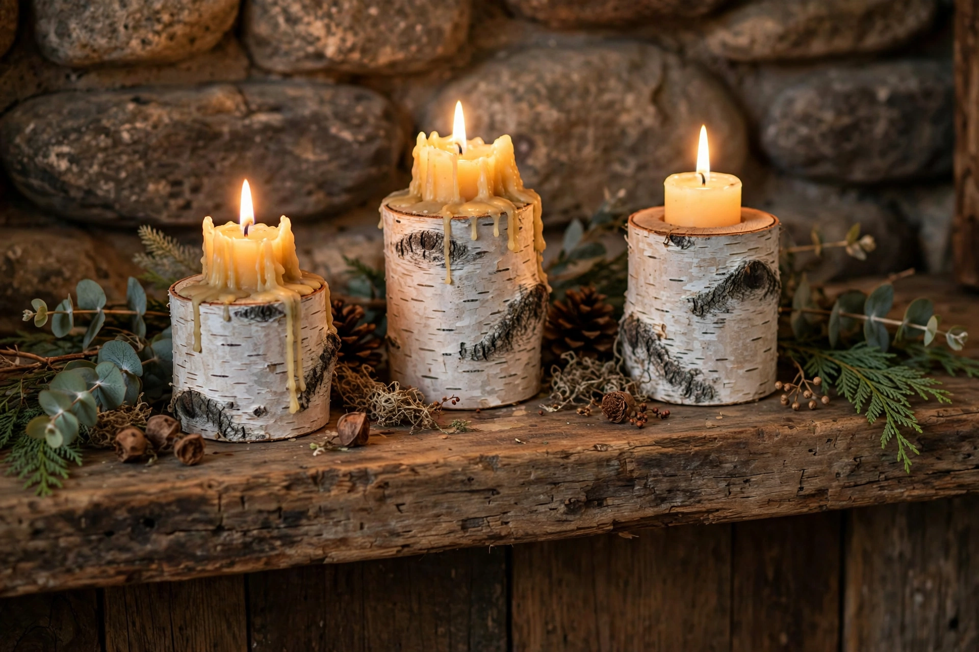 Birch log candle holders with glowing candles on a rustic wooden mantel.