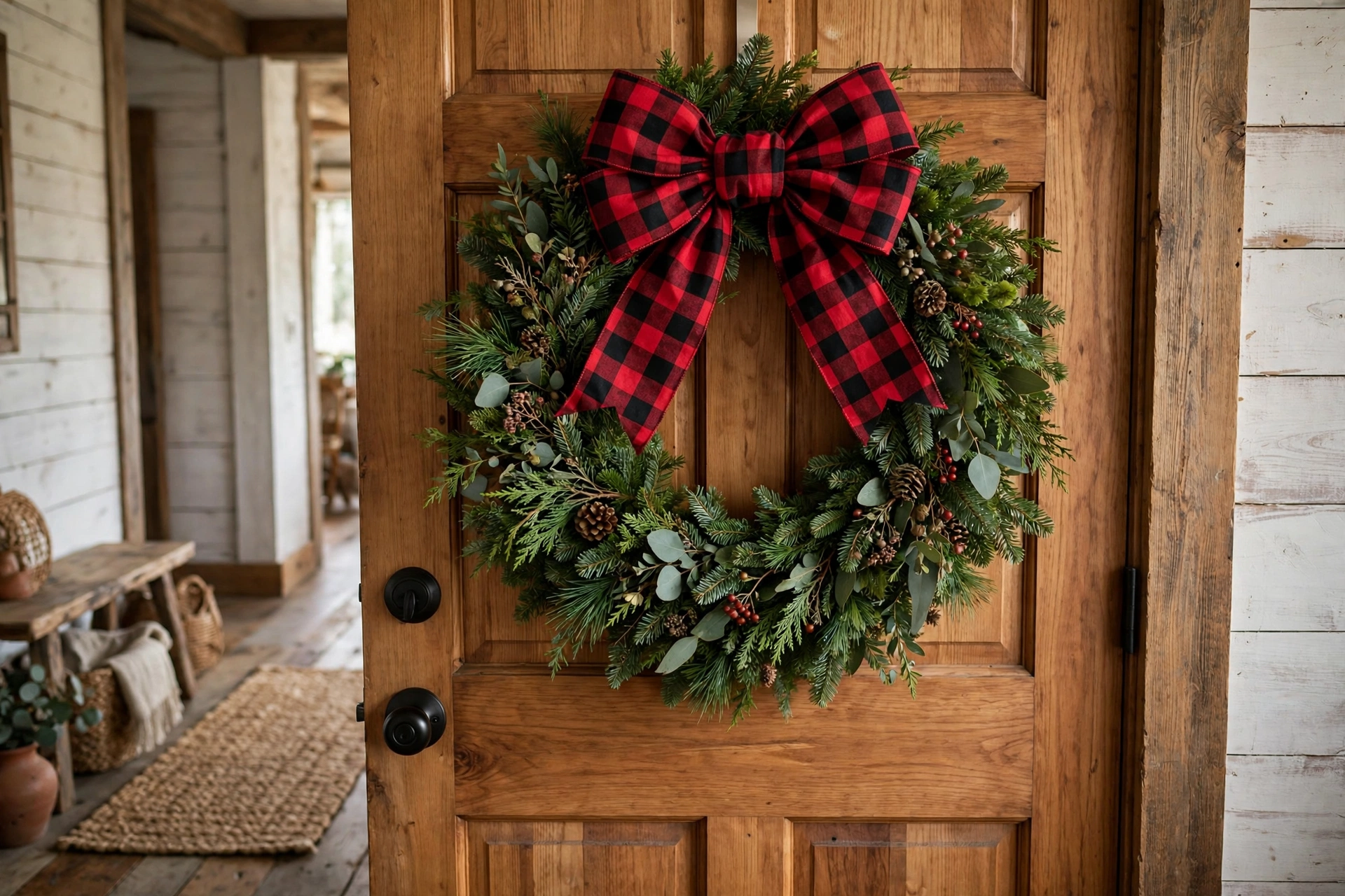 Fresh evergreen Christmas wreath with a large red-and-black buffalo check bow on a natural wood apartment door.