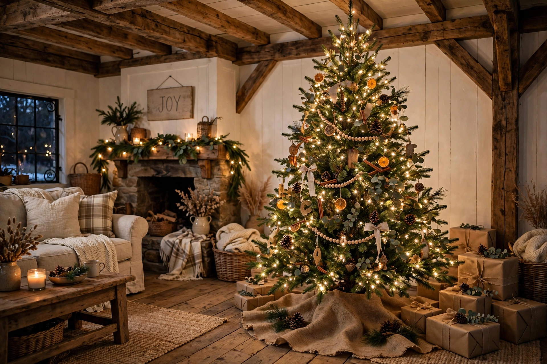 Christmas tree with a natural burlap tree skirt in a rustic farmhouse living room.