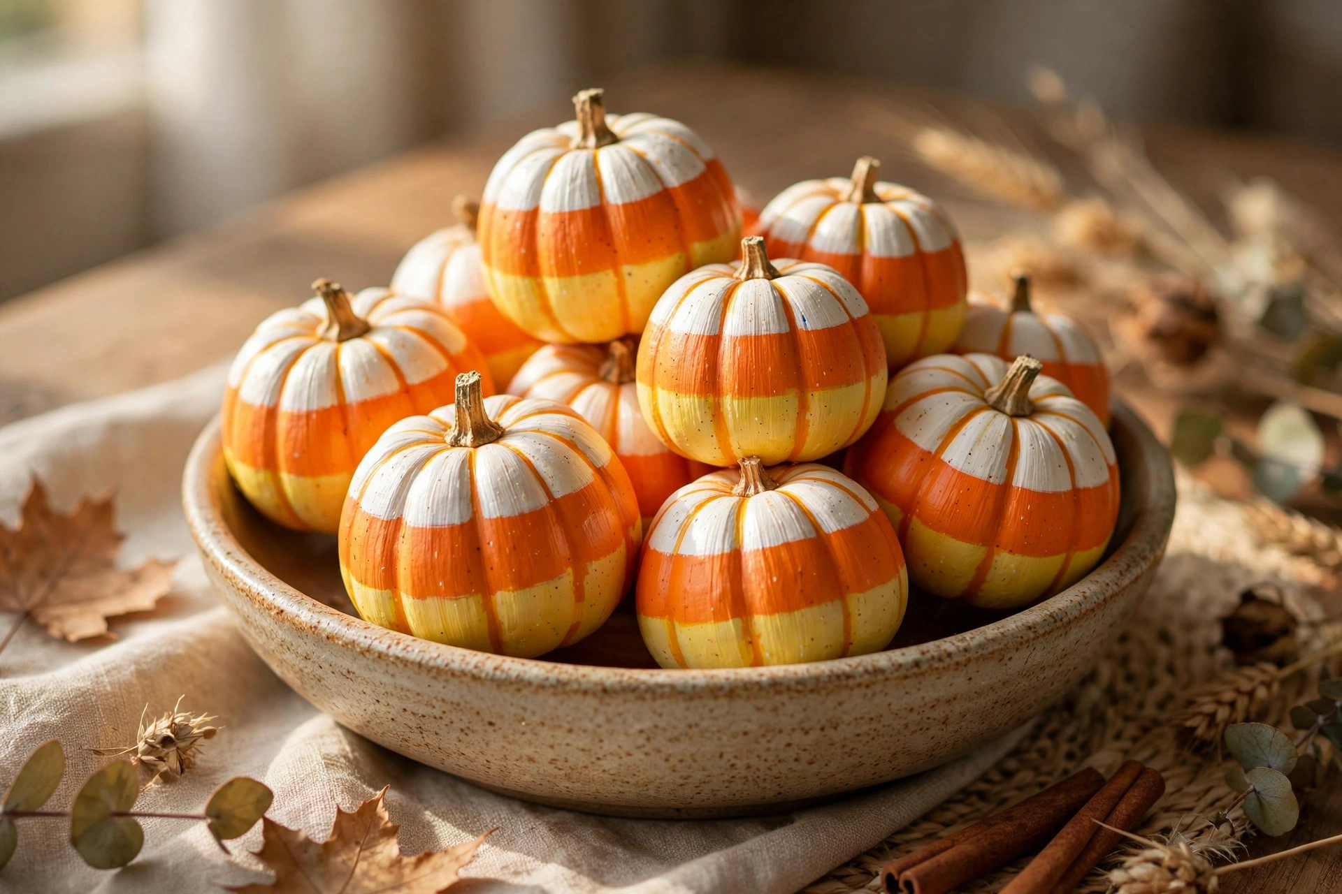 Candy corn striped mini pumpkins — mini pumpkin painting idea