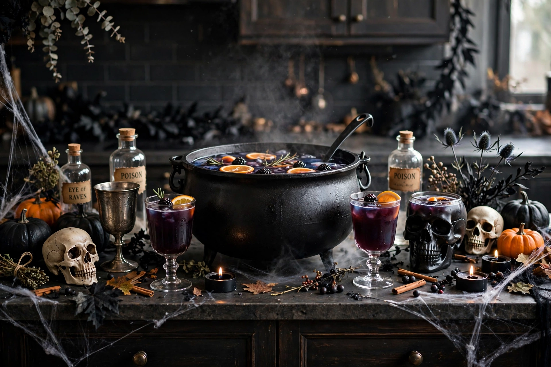 Black cauldron punch bowl drink station with goblets and skulls on a kitchen counter.