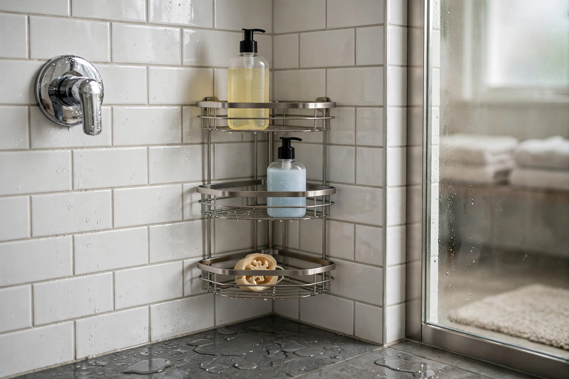 A stainless steel corner shower caddy mounted in a tiled shower corner holding shampoo and body wash bottles, realistic bathroom photo, no text