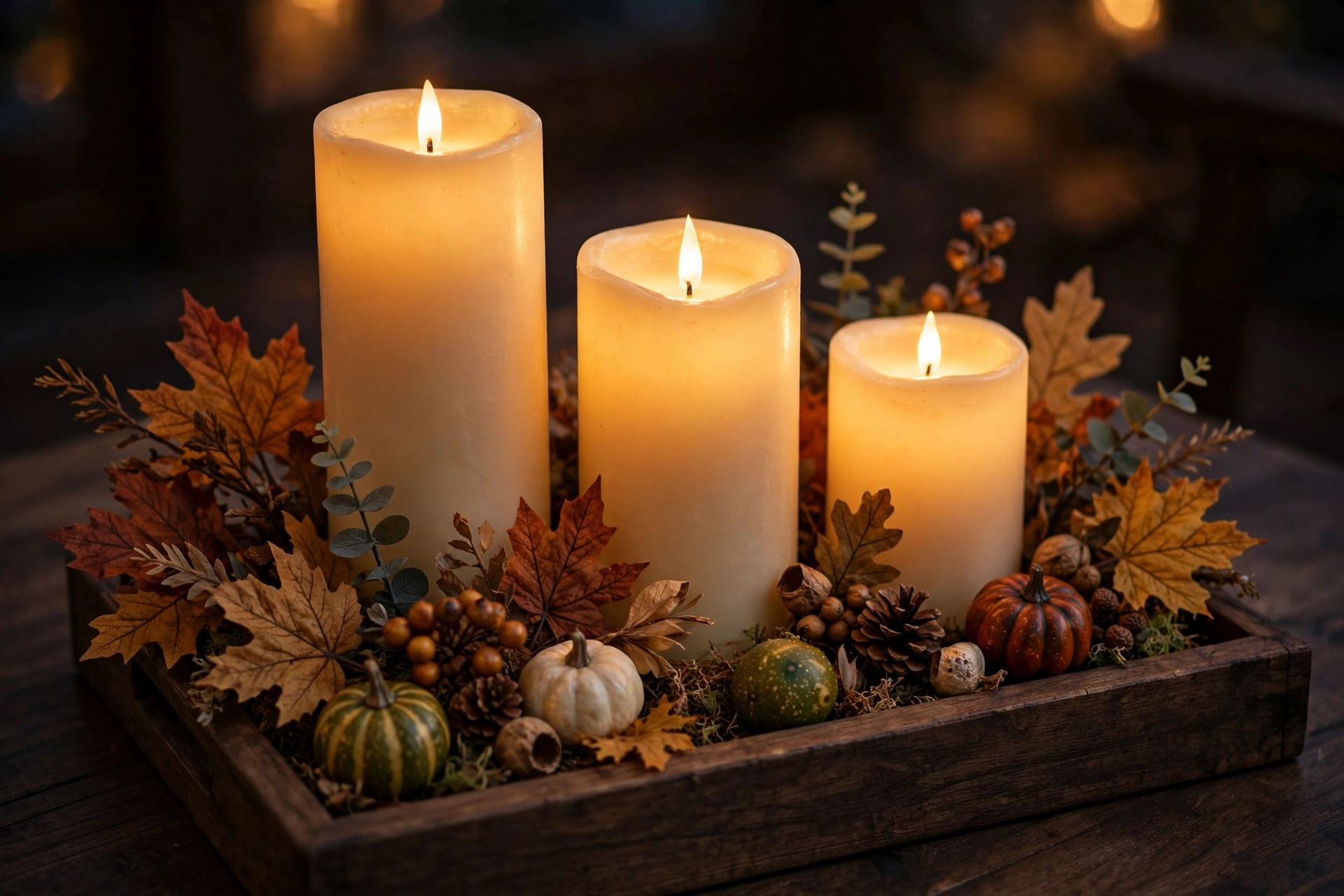 Dark wood tray with glowing flameless pillar candles, faux fall leaves, and small gourds.