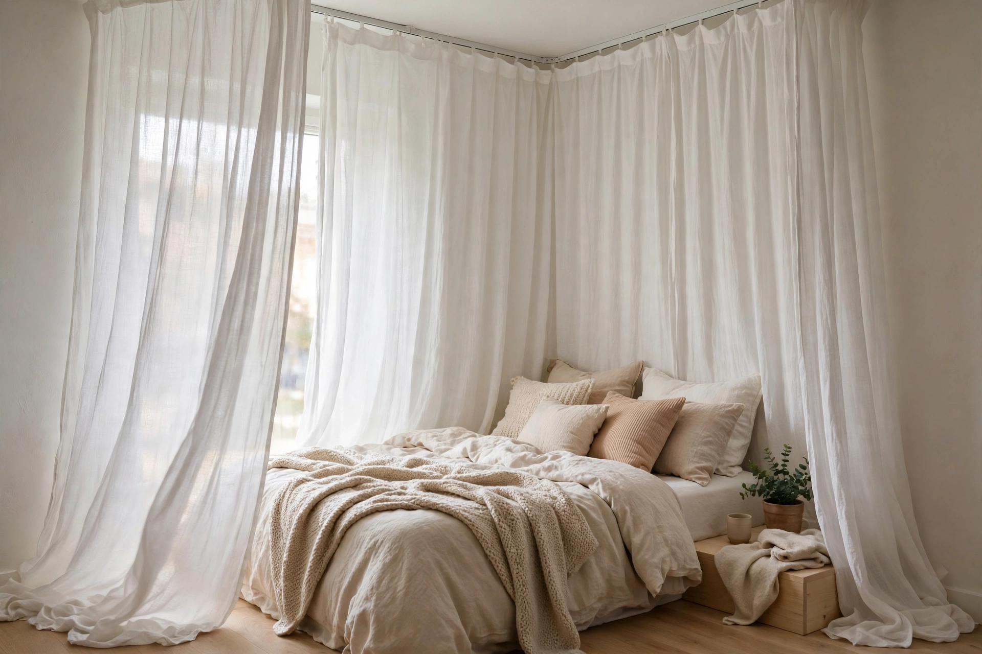 A studio apartment bedroom corner enclosed by flowing white curtains on a ceiling track