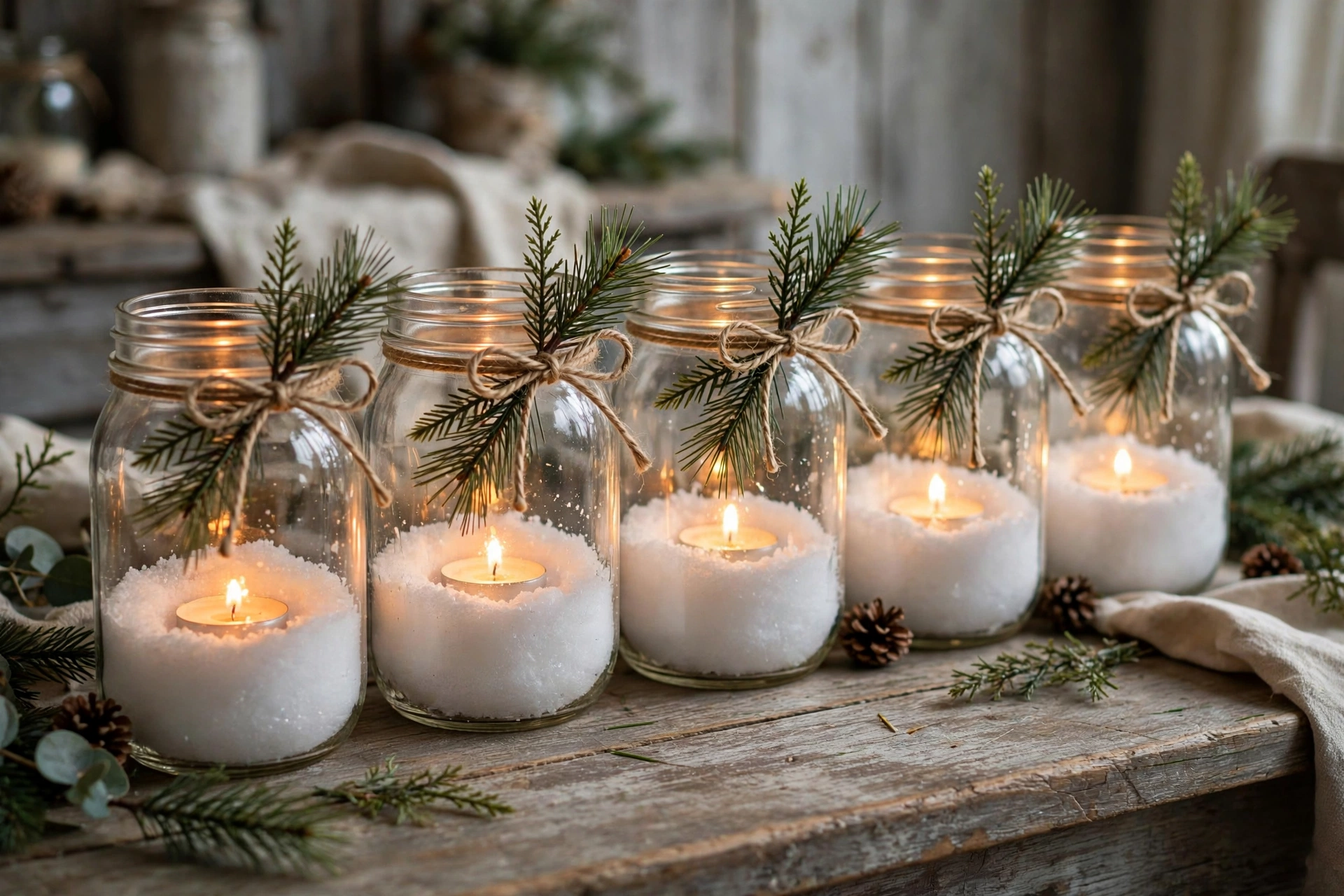 Mason jars filled with faux snow and tea lights tied with twine and pine sprigs in a row.
