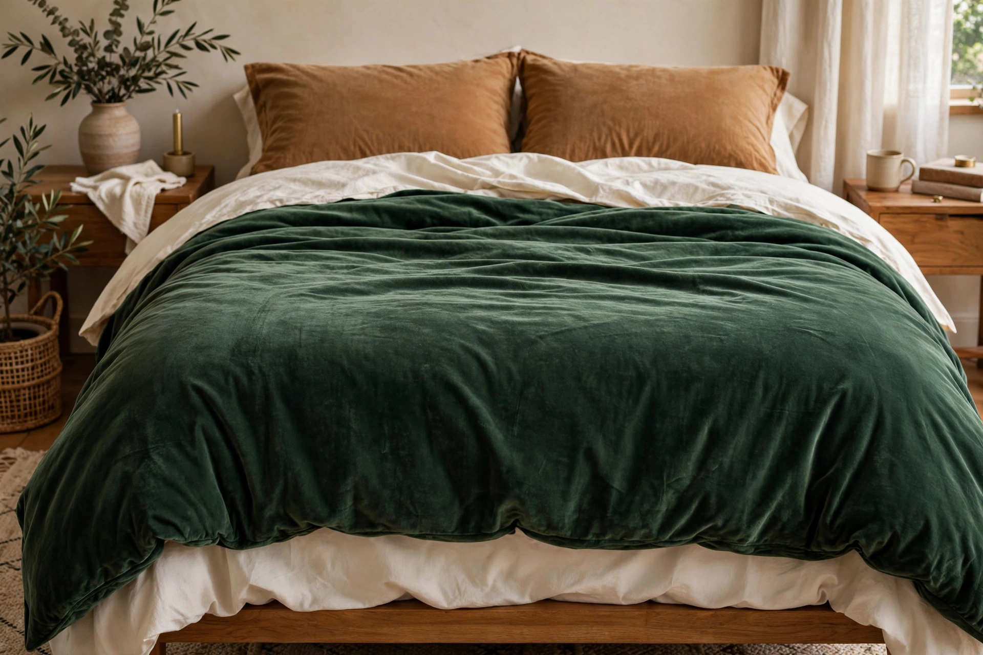Forest green velvet duvet cover with ivory sheets and caramel pillows on a bed.