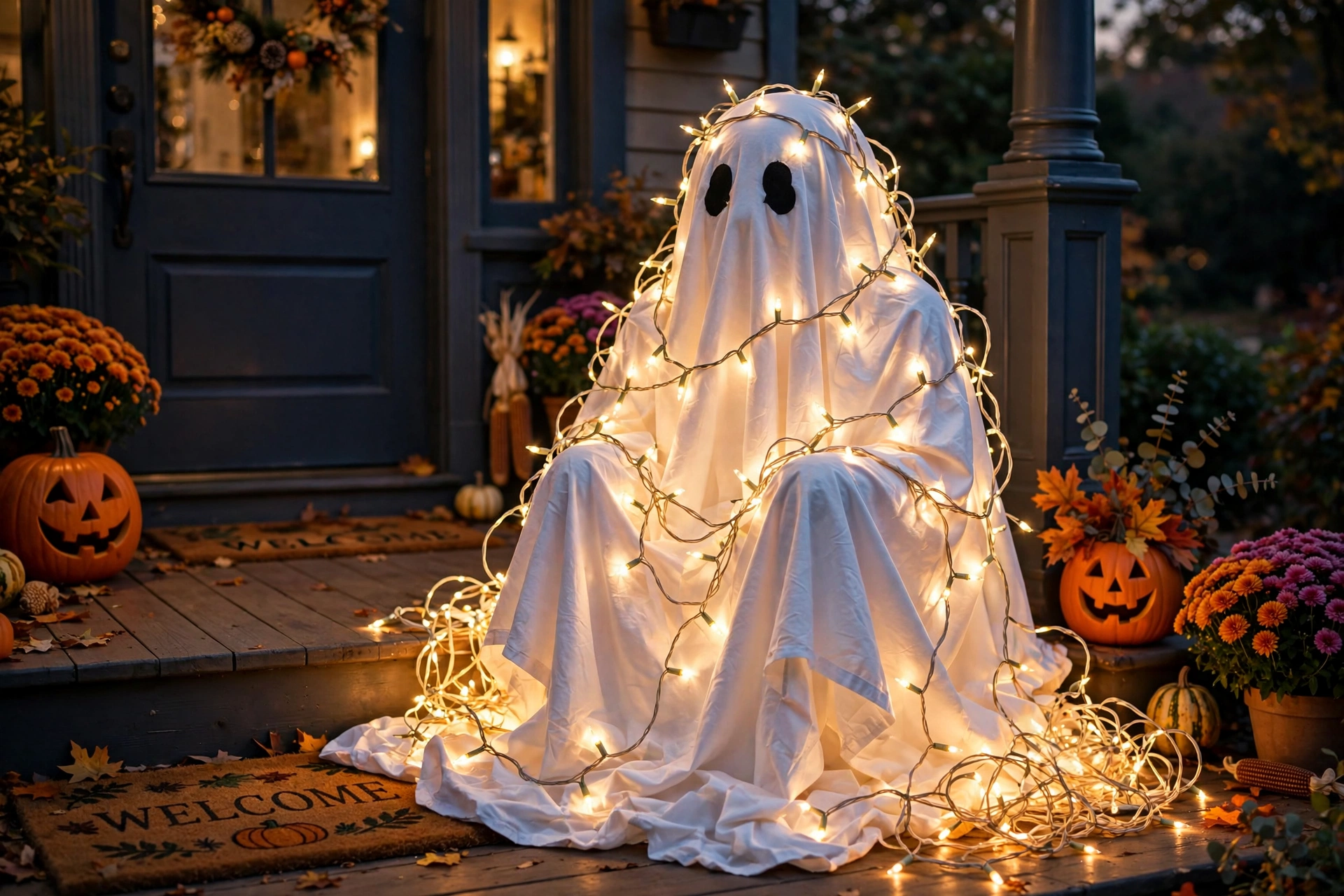 Sheet ghost wrapped head to toe in tangled glowing string lights on a front porch.