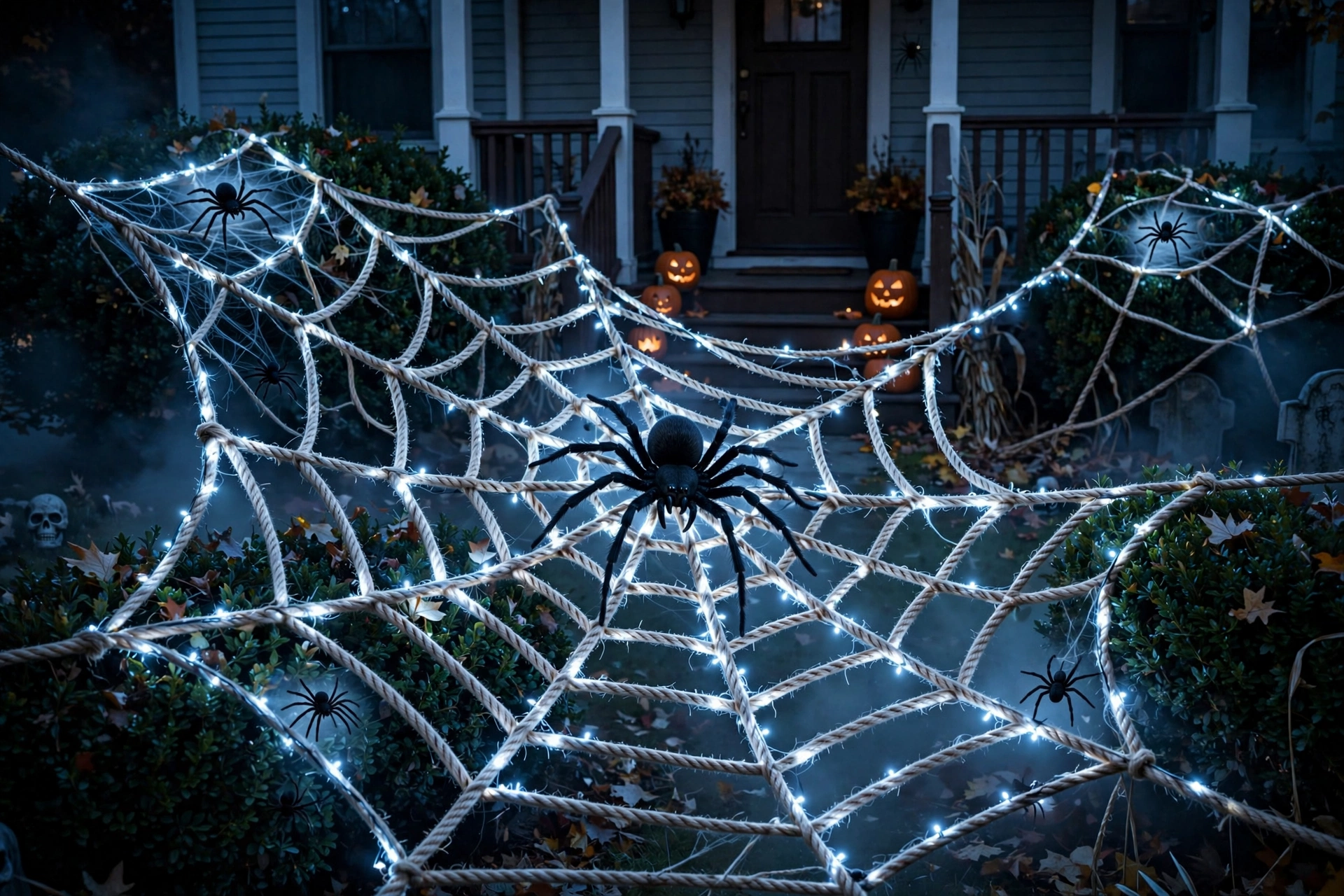 Giant rope spider web with a huge black spider stretched across front bushes.