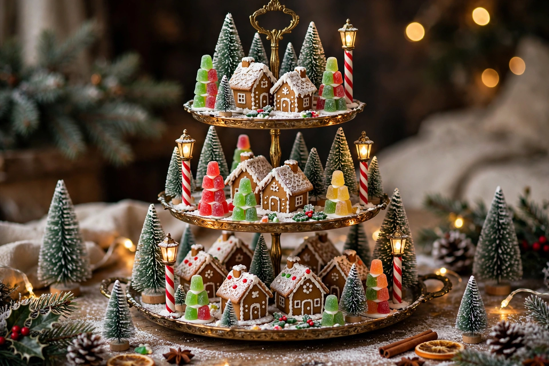 Gingerbread village scene — Christmas tiered tray idea