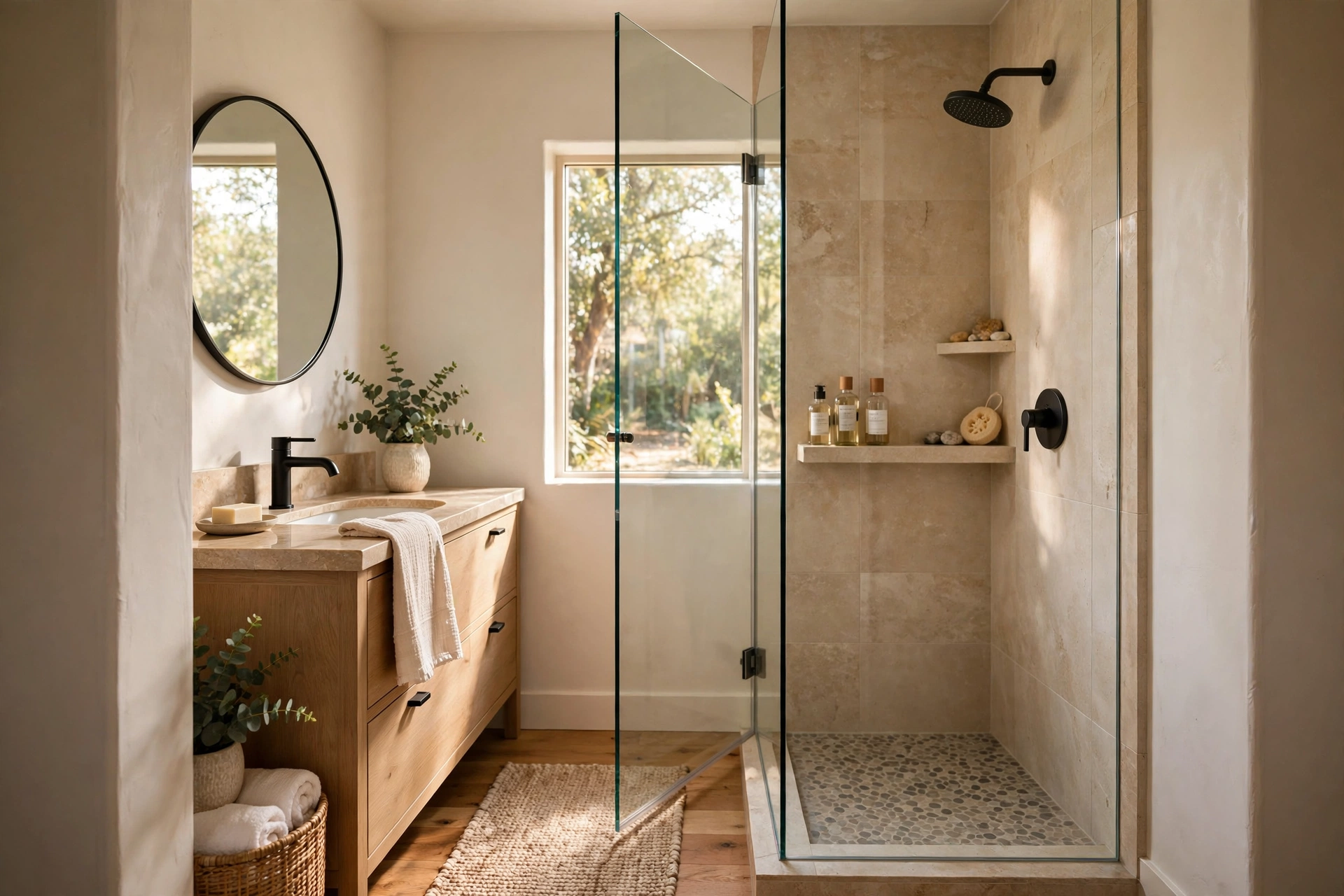 Glass shower door in a small bathroom — small bathroom decor idea
