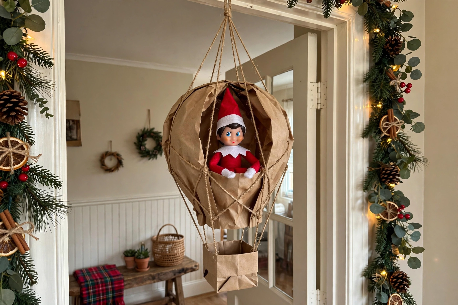 Hot air balloon elf entrance — elf on the shelf arrival idea