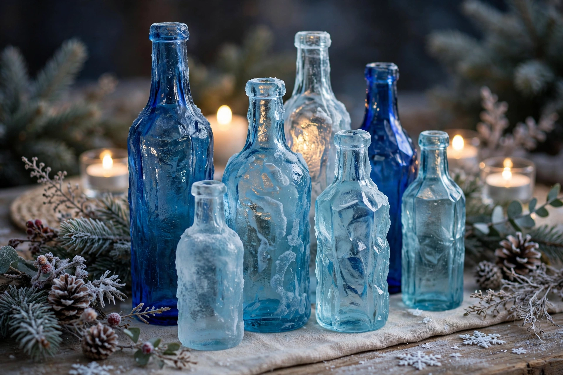 Cluster of ice blue glass bottles as a winter table centerpiece