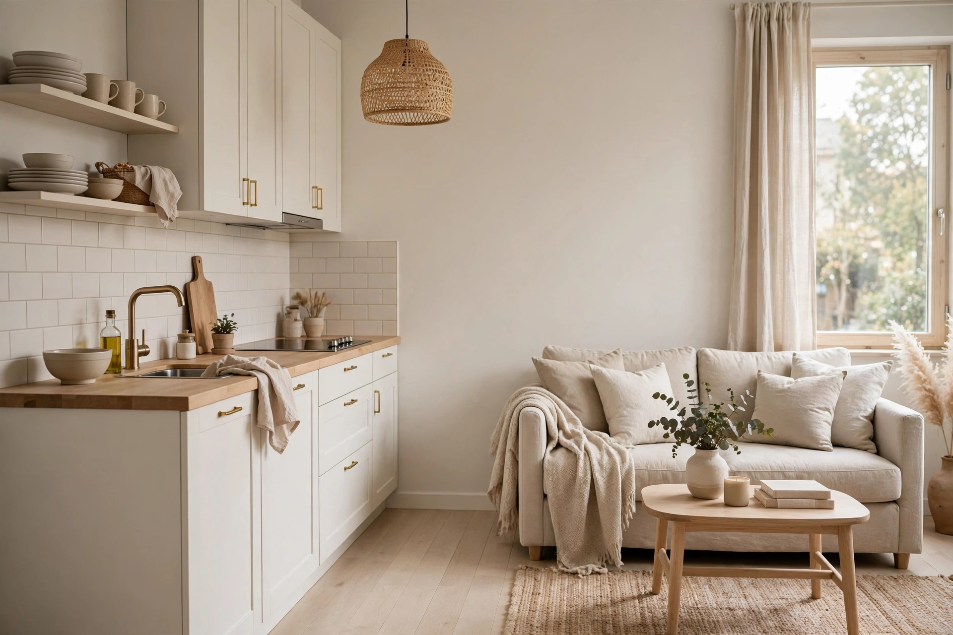 Tiny open plan space in a light neutral palette with white kitchen and beige sofa.