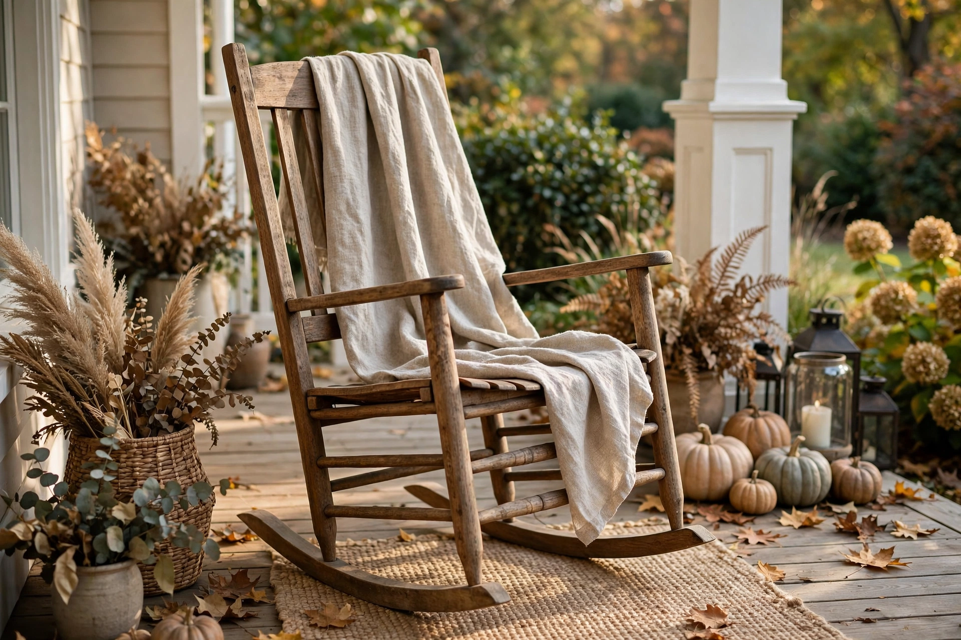 Rocking chair on a porch with an oatmeal linen throw draped over the back.
