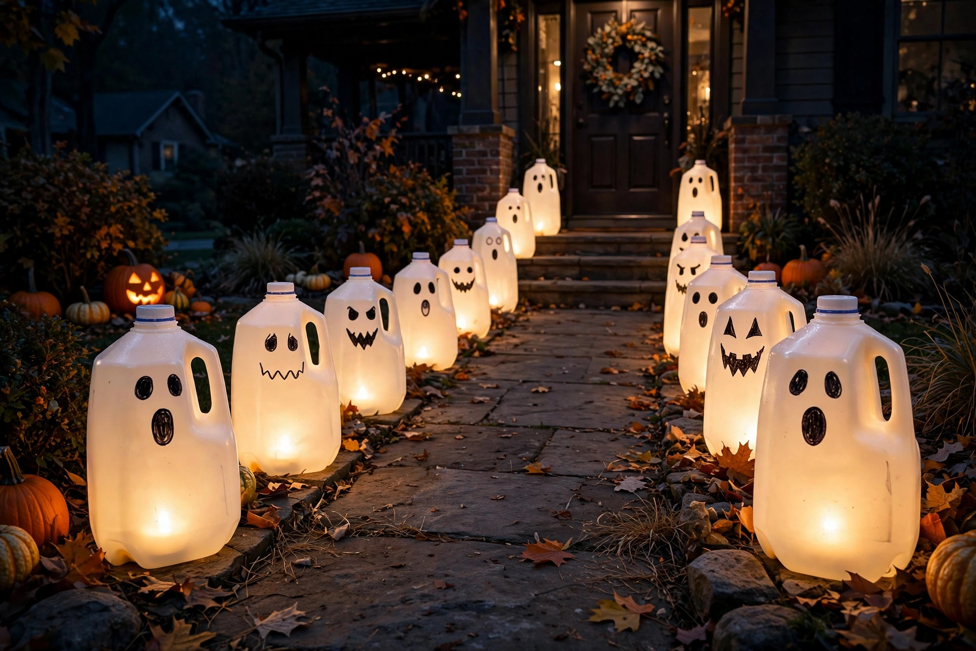 Glowing milk-jug ghosts with drawn faces lining a front walkway at night.