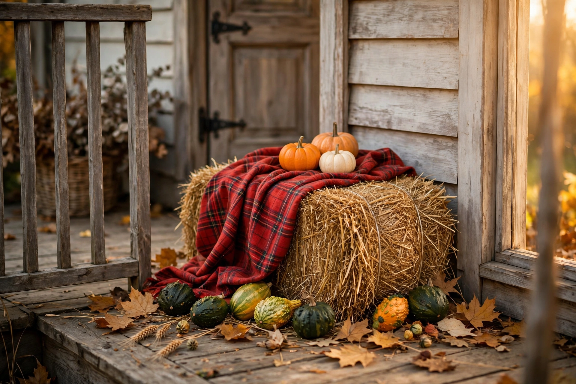 Mini hay bale topped with pumpkins and a plaid throw in a porch corner.