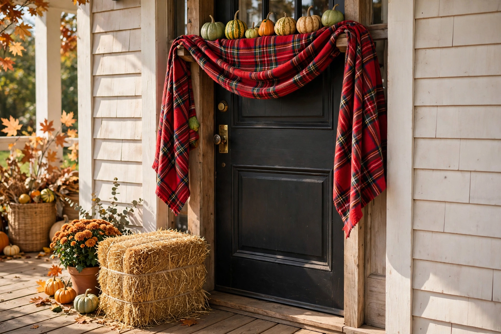 Mini hay bale with plaid throw and gourds beside a front door.