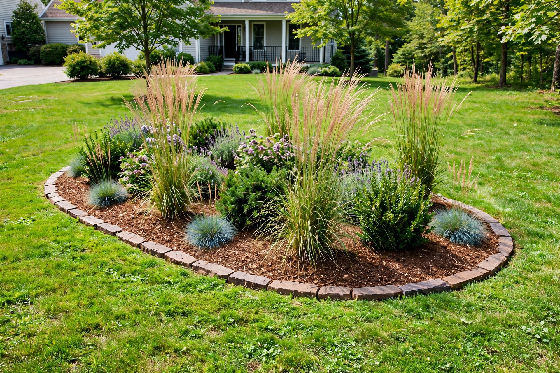 Mulched island planting beds with shrubs and ornamental grasses in the middle of a front lawn.