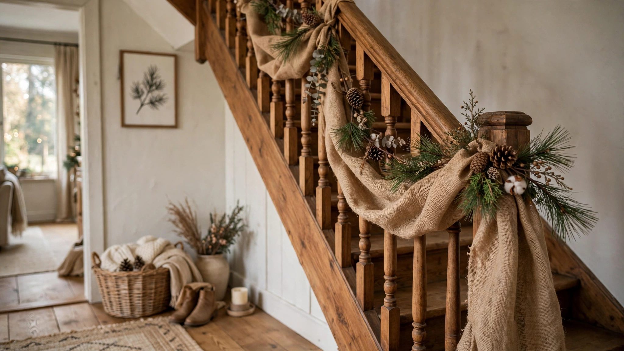 A natural burlap garland draped along a wooden staircase banister with pine sprigs and pinecones.
