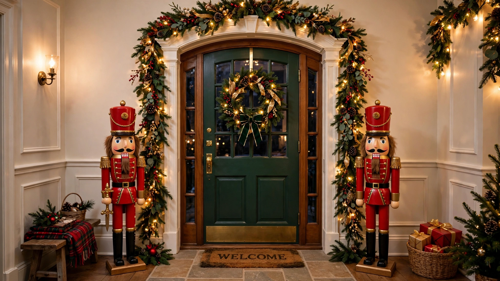 Pair of nutcracker figures flanking an entryway doorway