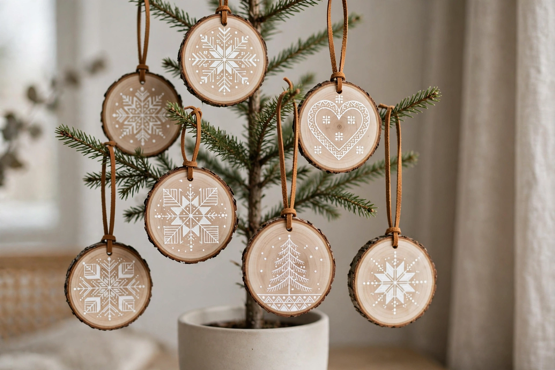 Hand-painted wooden slice ornaments with white Scandinavian designs and leather cord loops on a tree.