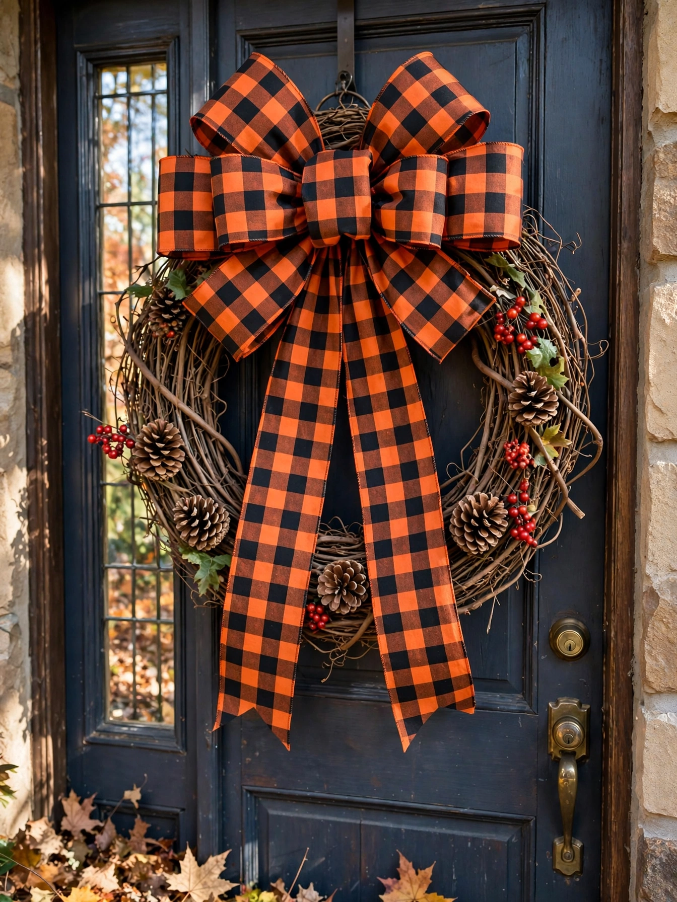 Grapevine wreath with oversized orange and black buffalo check bow on a front door.