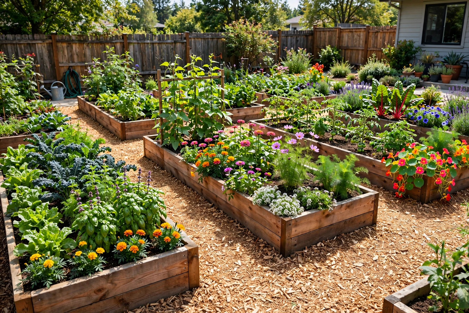 Neat rows of cedar raised garden beds filled with green vegetables and flowers, separated by wood-chip paths