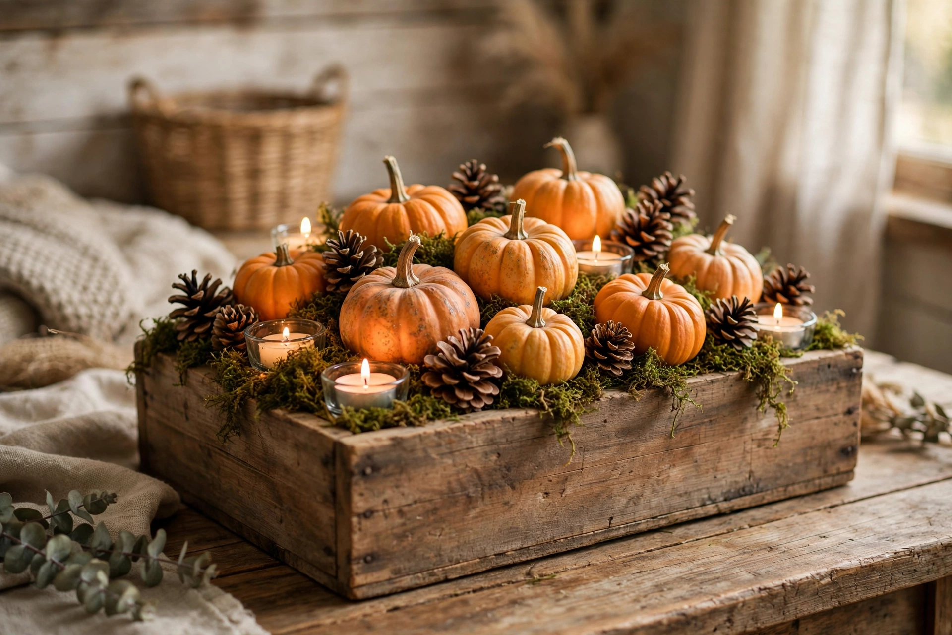 Rustic wooden box arrangement — Thanksgiving centerpiece idea